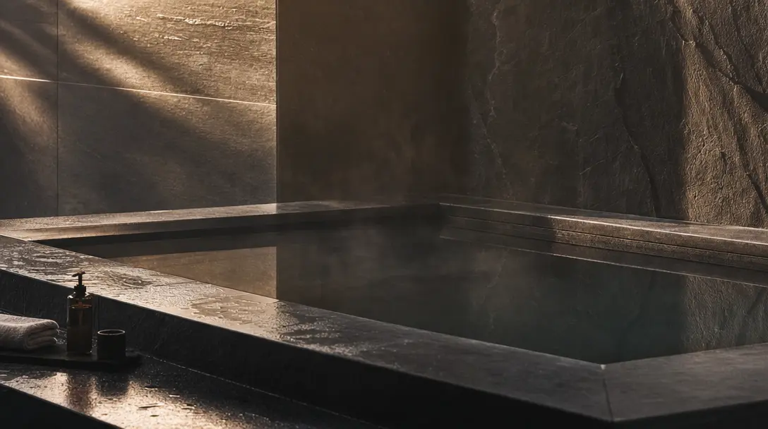 Still cold plunge pool set in dark stone, morning light across the water