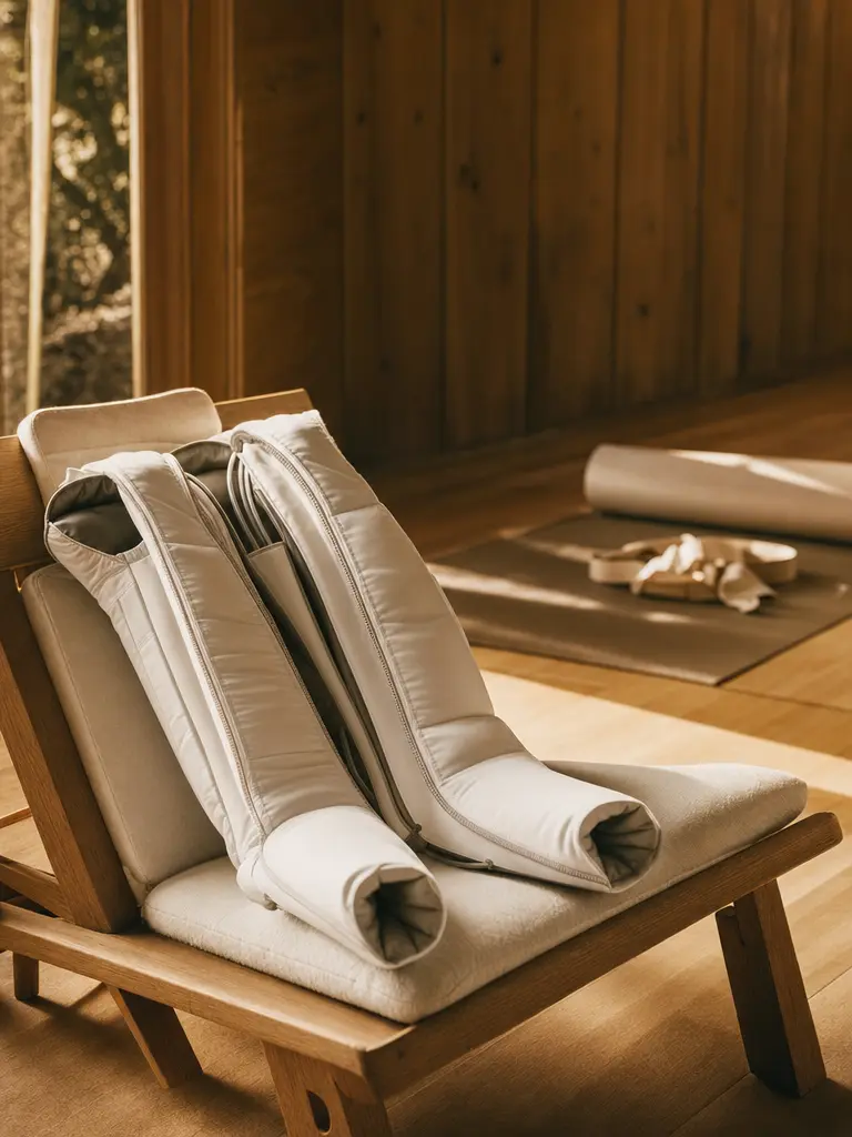 Pneumatic compression recovery boots resting on an oak lounge chair, stretch mat in warm light behind