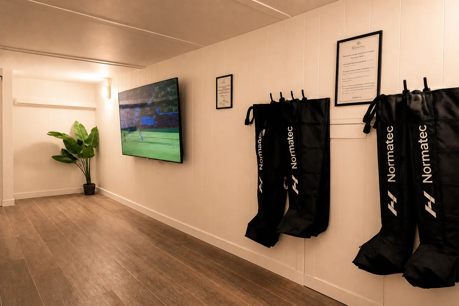 Normatec boot sleeves hanging in pairs from hooks on the white panelled wall, a TV showing a match down the corridor