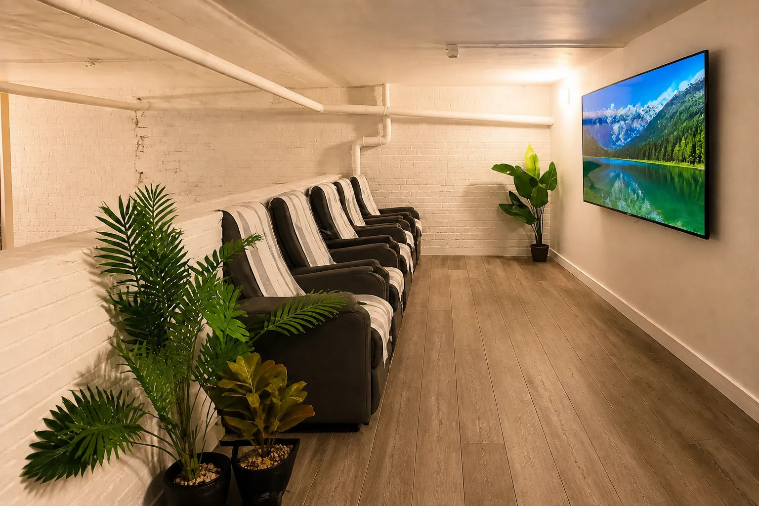 The compression lounge: a row of five grey recliners with striped towels along the white brick wall, potted palms beside them, a TV on the far wall