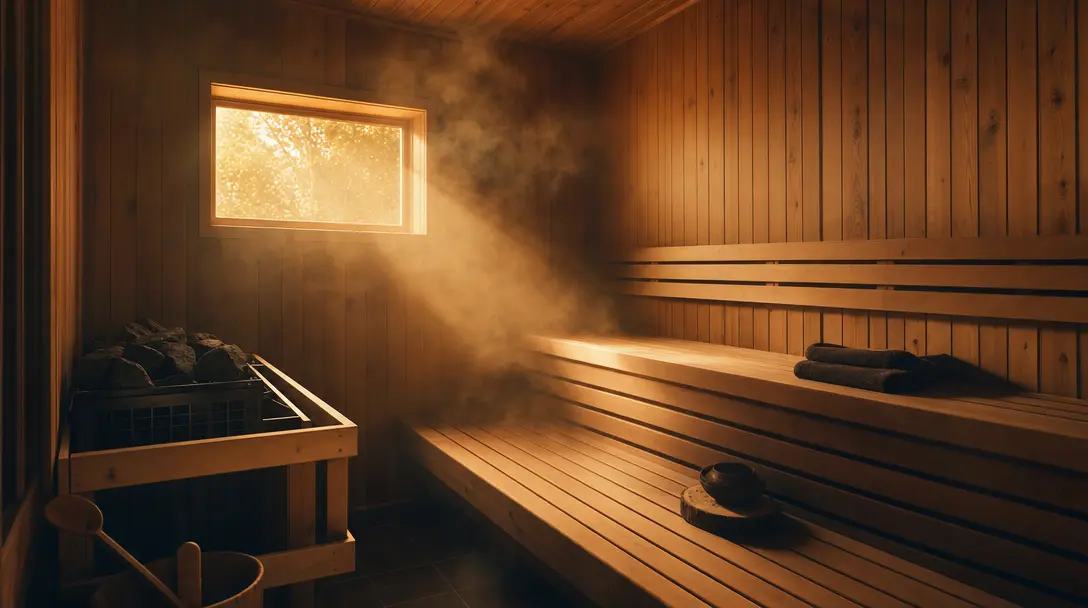 Cedar sauna interior with golden light falling through drifting steam