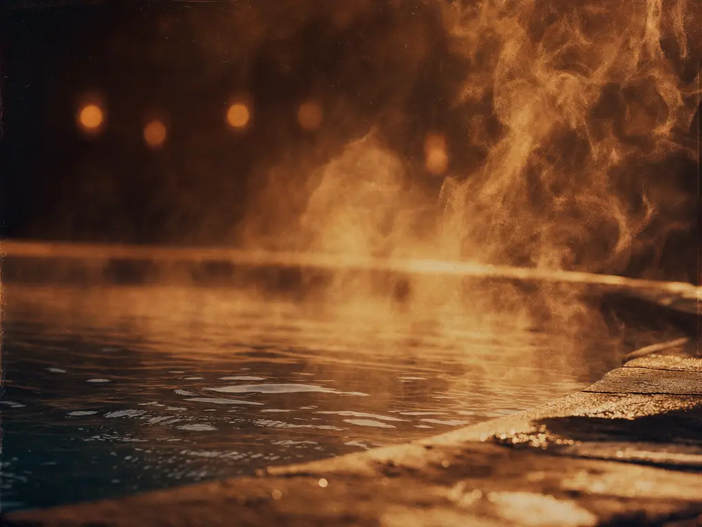 Steam drifting over warm jacuzzi water, lit from behind