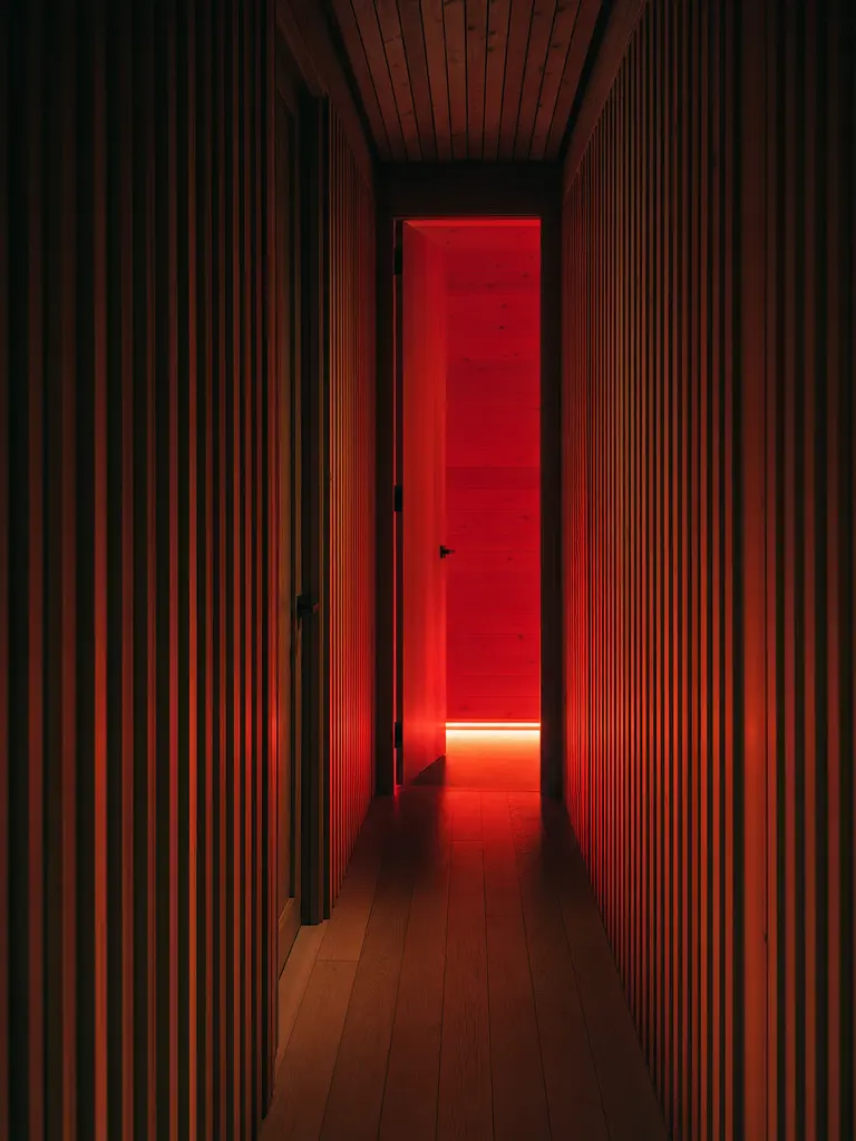 Red light therapy booth glowing at the end of a dark cedar corridor